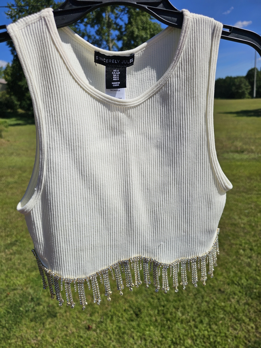 Sincerly Jules Cream Ribbed Crop Tank with Beaded Fringe